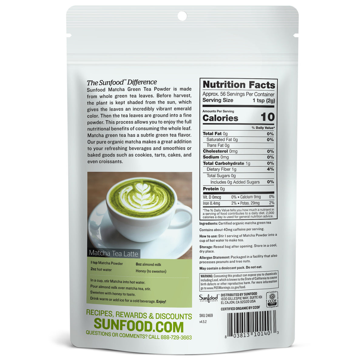 Matcha Green Tea Powder, 4oz, Organic - Back
