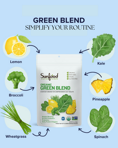 organic green blend with lemon broccoli kale pineapple wheatgrass spinach for gut health wellness immunity family friendly